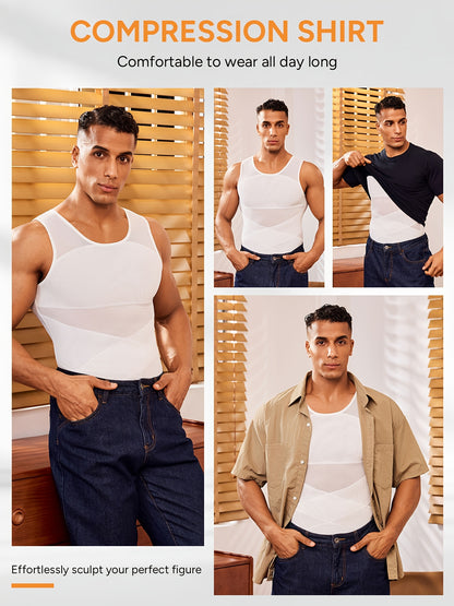 Men's High-Elasticity Compression Tank Top - Breathable Tummy Control Shirt with Semi-Sheer -Back, Tight-Fit Sleeveless Shirt Suitable for Gym, Postpartum & Body Shaping, Year-Round Wear