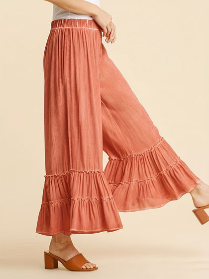 Women's Palazzo Pants For Elastic High Waisted Wide Leg Ruffle Ruched Loose Beach Trousers