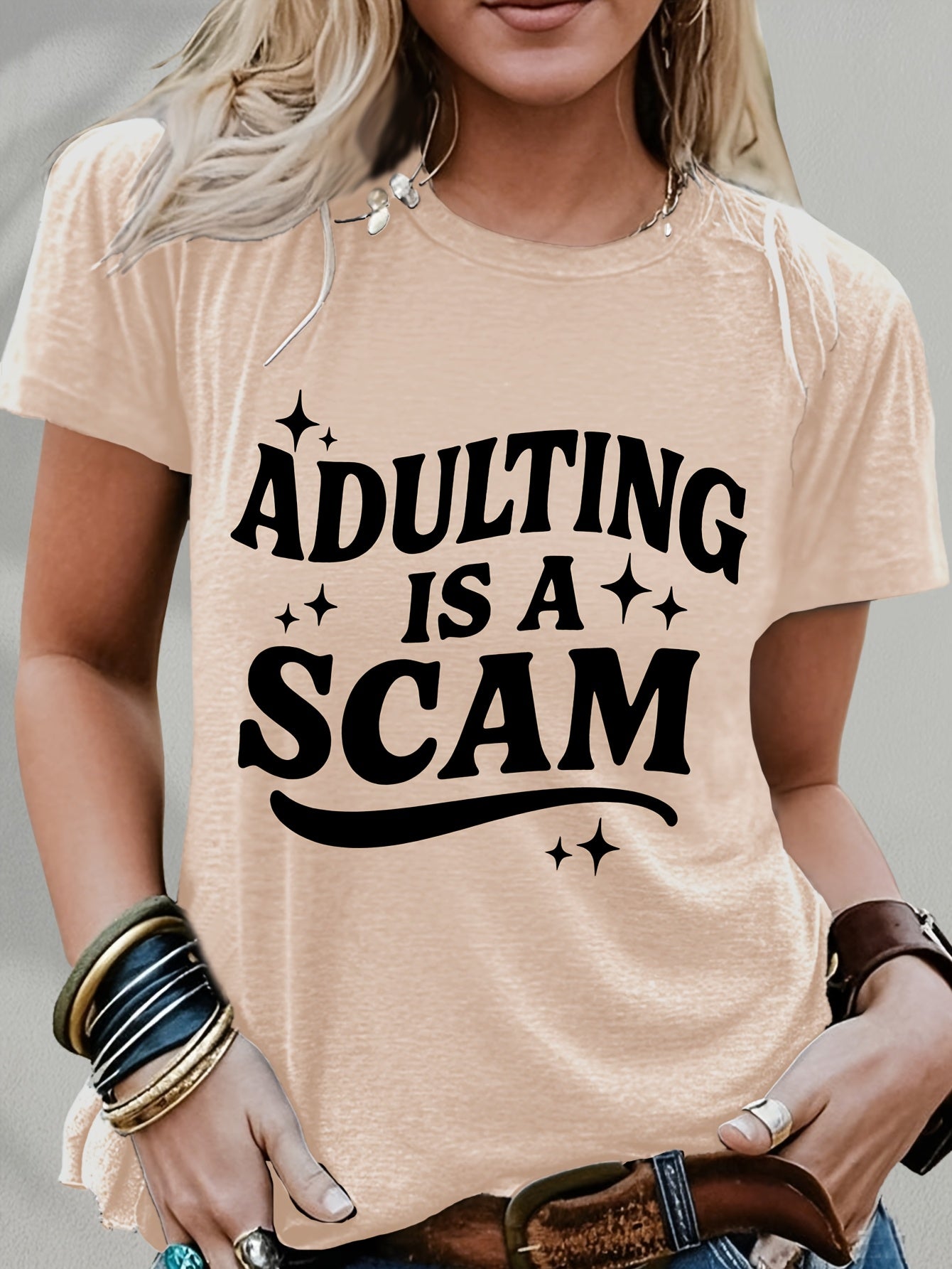 Women's Funny "Blended Adult Is a Scam" T-Shirt - Retro Humorous Slogan Short Sleeve Round Neck Blouse Suitable for Her Gift, Casual Statement Top for Daily Wear & Humor Apparel, Machine Washable Comfortable Everyday Outfits
