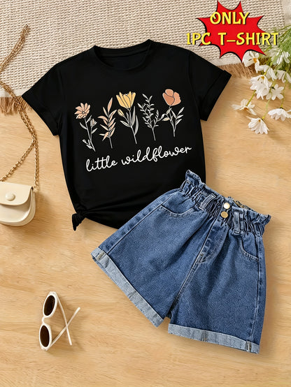 [Only Sell T-shirt]Little Wildflower Hand-Drawn Floral T-Shirt - Stylish Casual Tee with 'ONLY IPC T-Shirt' Design, Perfect for Valentine's Day Outfits, Paired with Denim Shorts and Chic Accessories