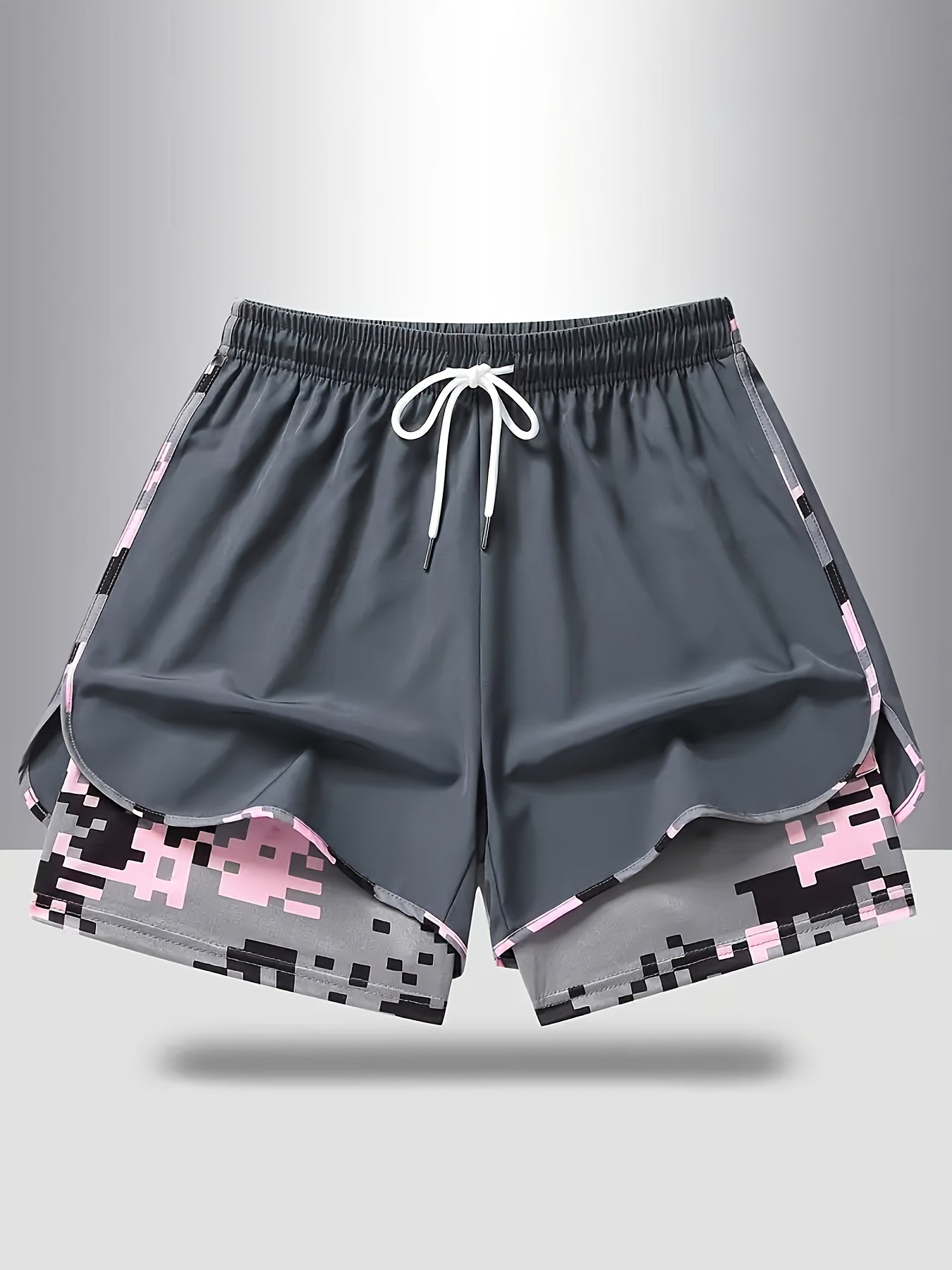 Plus Size - 3pcs - Plus Size Women'S Shorts, Double-layer Fake Two Piece Camouflage Pattern, Breathable Quick Drying Pants, Women'S Shorts With Adjustable Drawstring Waist - Lightweight Fitness, Side Design, Non See Through Casual Wear