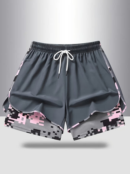 Plus Size - 3pcs - Plus Size Women'S Shorts, Double-layer Fake Two Piece Camouflage Pattern, Breathable Quick Drying Pants, Women'S Shorts With Adjustable Drawstring Waist - Lightweight Fitness, Side Design, Non See Through Casual Wear