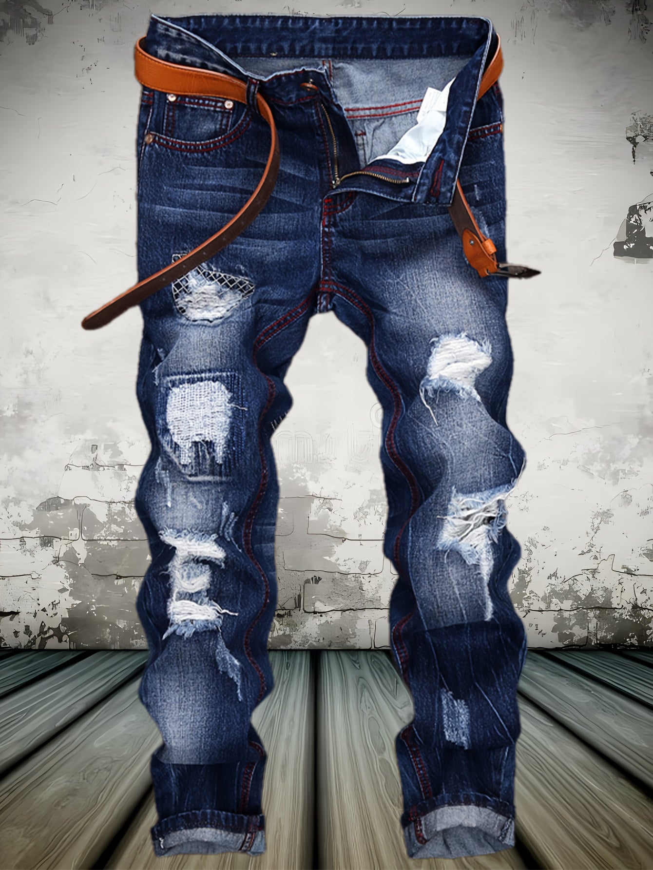 American High Street Washed Holes in Men'S Jeans Trend Blue Motorcycle Casual Straight Pants