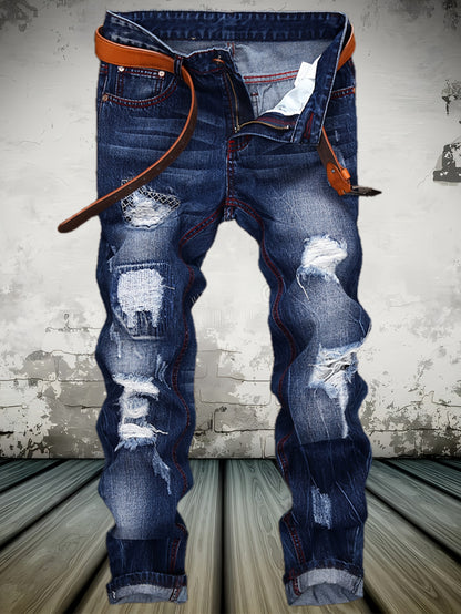 American High Street Washed Holes in Men'S Jeans Trend Blue Motorcycle Casual Straight Pants