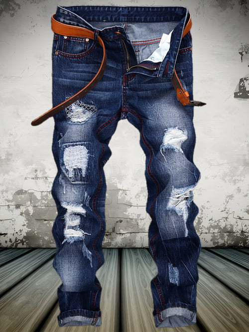 American High Street Washed Holes in Men'S Jeans Trend Blue Motorcycle Casual Straight Pants