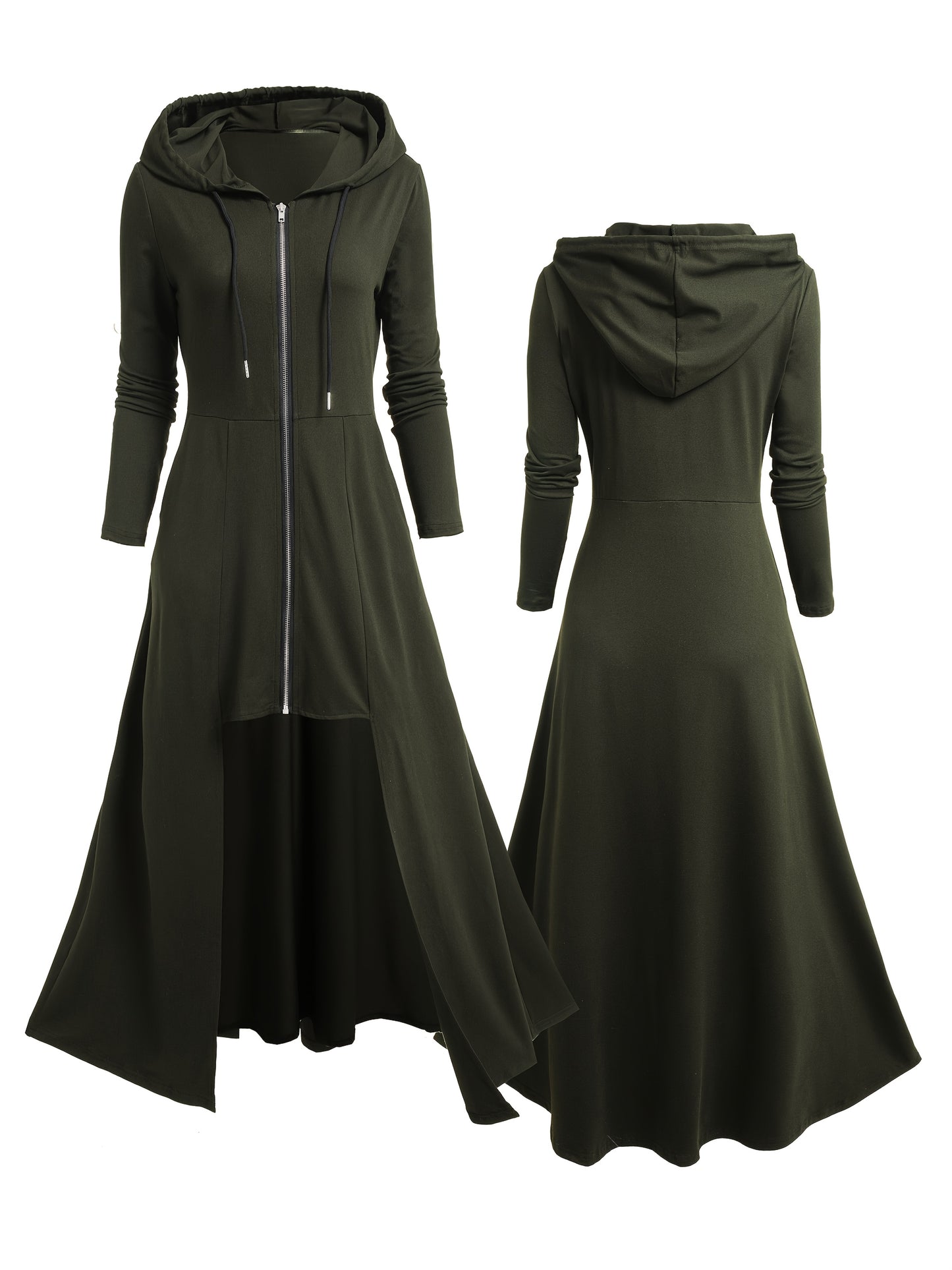 Gothic Style Zip Up Jacket, Casual Long Sleeve Hooded Extra-long Swallowtail Jacket for Holiday & Cosplay, Women's Clothing