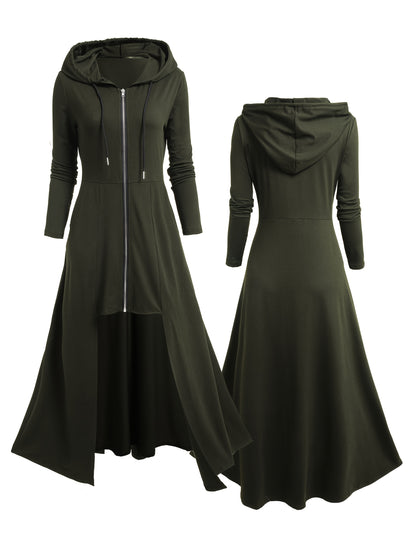 Gothic Style Zip Up Jacket, Casual Long Sleeve Hooded Extra-long Swallowtail Jacket for Holiday & Cosplay, Women's Clothing