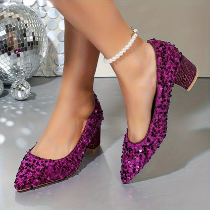 [Evening Party Wedding] Elegant High Heel Evening Party Wedding Dressy Shoes for Women, Pointed Toe, Chunky Heel, Sequin Embellishments Women Heels Red Shoes, Women Shoes