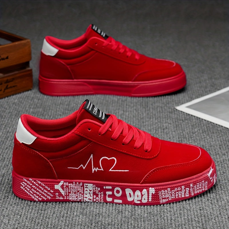 Men'S Mid-Top Sneakers - Vibrant Red Heart And Music Graphic Design, All-Season Outdoor Fitness Shoes, Breathable Pu/Fabric Upper And Durable PVC Sole, Valentine'S Day Birthday Gift for Him, Sneakers, Casual Streetwear, Trendy Footwear