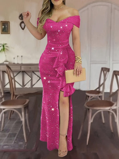 [Valentine's Day Gift] Elegant One-Shoulder Solid Color Slit to Thigh Elegant Peplum Party Sparkly Long Dress for Women, Valentine's Day Gift