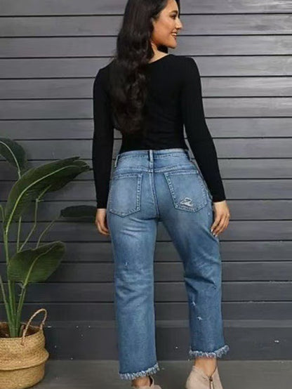 Autumn 2025 New Women's Casual Slim All-match Jeans Tassel Trouser Legs