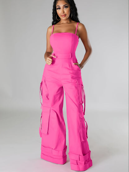 Teenager'S Jumpsuit - Teenager'S Long Wide-leg Utility Jumpsuit, High-waist With Multiple Pockets, Casual Summer Clothing, Street Fashion Camisole Backless Long Jumpsuit, for Outdoor, For Teenager