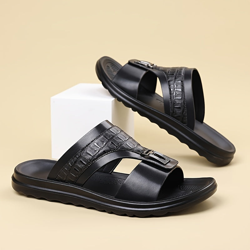 Men's Textured Slide Sandals, Crocodile-Print Straps with Metal Buckle - Minimalist Summer Shoes for Resort & Lounge