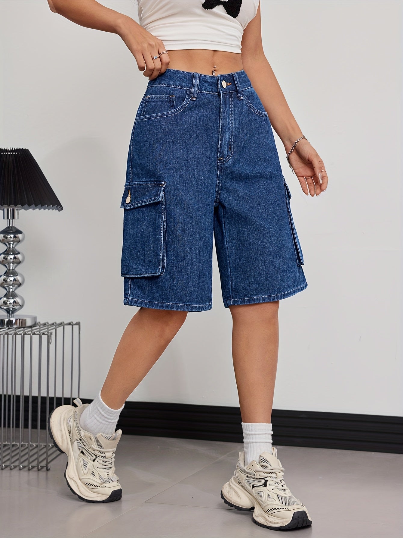 Women'S Casual Denim Cargo Shorts with Flap Pockets - High-Waist, Non-Stretch, Solid Color, Machine Washable, Rayon Blend, Perfect for Spring/Fall