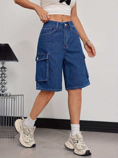 Women'S Casual Denim Cargo Shorts with Flap Pockets - High-Waist, Non-Stretch, Solid Color, Machine Washable, Rayon Blend, Perfect for Spring/Fall