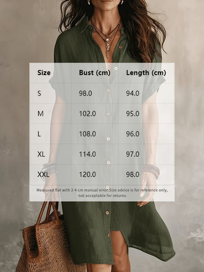 Shirt Dress, Fashionable and Casual, Solid Color, Short Sleeve, Buttoned, Mid-length Dress
