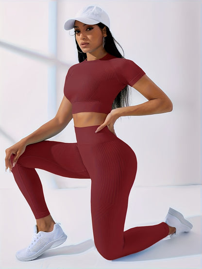Women's 2pcs Workout Set - Yoga Top & Leggings, Crew Neck, Medium Stretch, Solid Color, All-Season Activewear, Workout