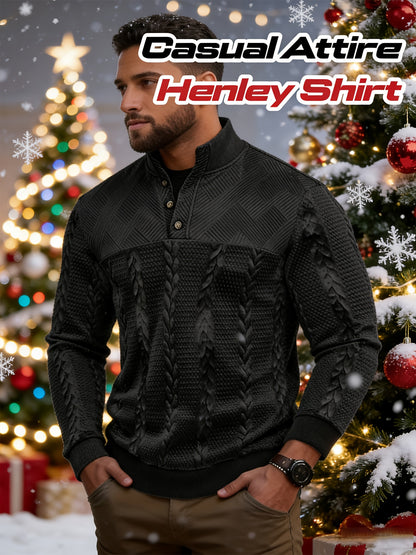 Casual Top for Men in Autumn/Winter, Featuring a Textured Wheat Pattern Fabric, Contrasting Ribbed Edges, And a Zippered Long-Sleeve Henley Design. an Ideal Present for New Year, Valentine'S Day, Or for Your Husband