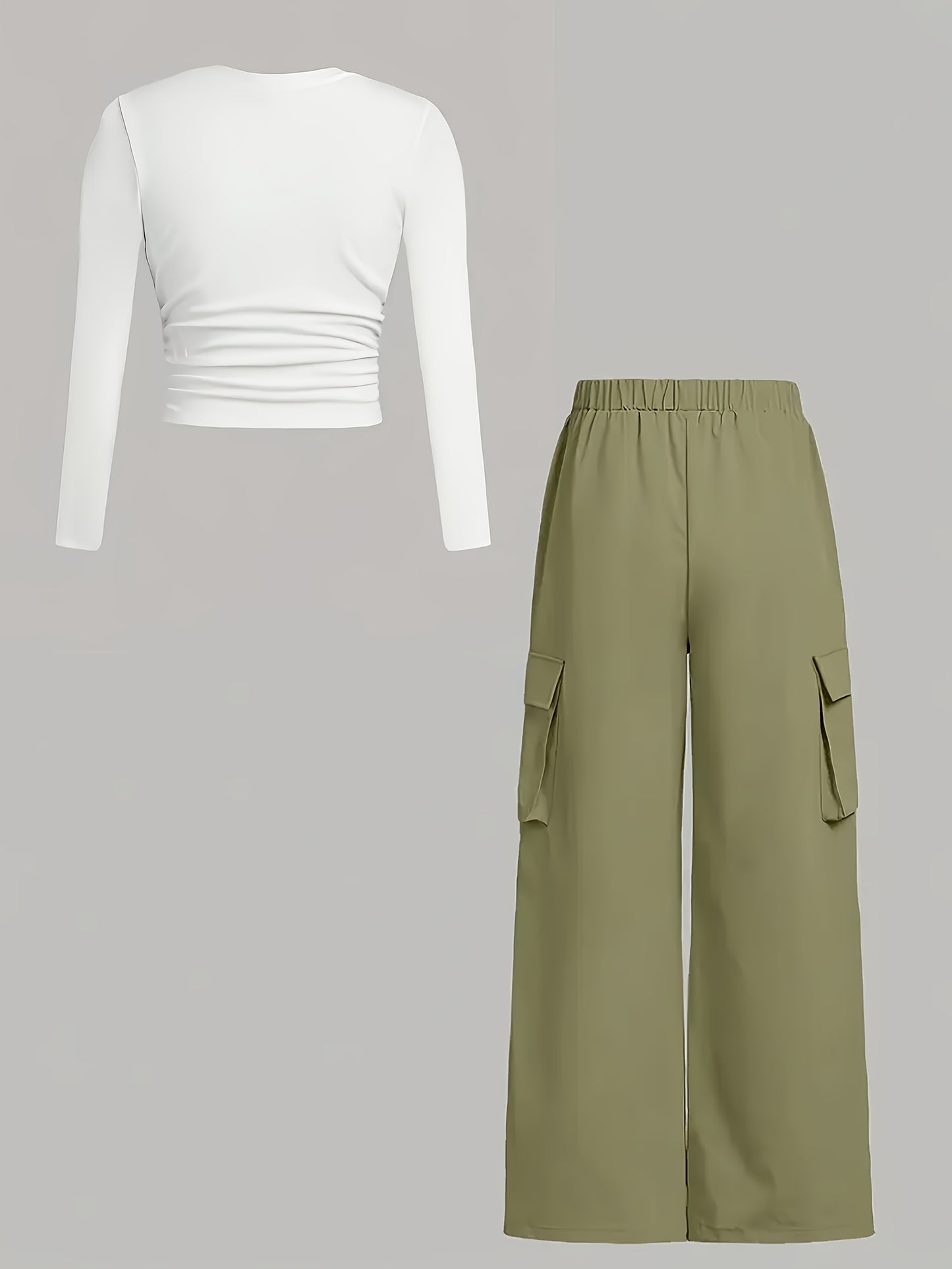 2025 New Arrivals In Elegant Style: Women'S Solid-color Crew-neck Long-sleeve Printed T-shirt And Cargo Pants Set, Suitable For Wearing All Year Round.(Not Including Hats, Glasses, Bags, Shoes)