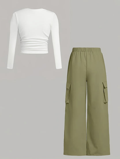 2025 New Arrivals In Elegant Style: Women'S Solid-color Crew-neck Long-sleeve Printed T-shirt And Cargo Pants Set, Suitable For Wearing All Year Round.(Not Including Hats, Glasses, Bags, Shoes)