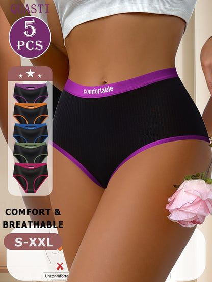 5pcs Women's Full-Coverage Mid-High Waist Underwear - High-Waisted Triangle Panties Suitable for Daily Wear, Breathable Stretch Elegant Contrast Color Underwear, Non-Sheer Full Coverage Lingerie (Hand Washable)