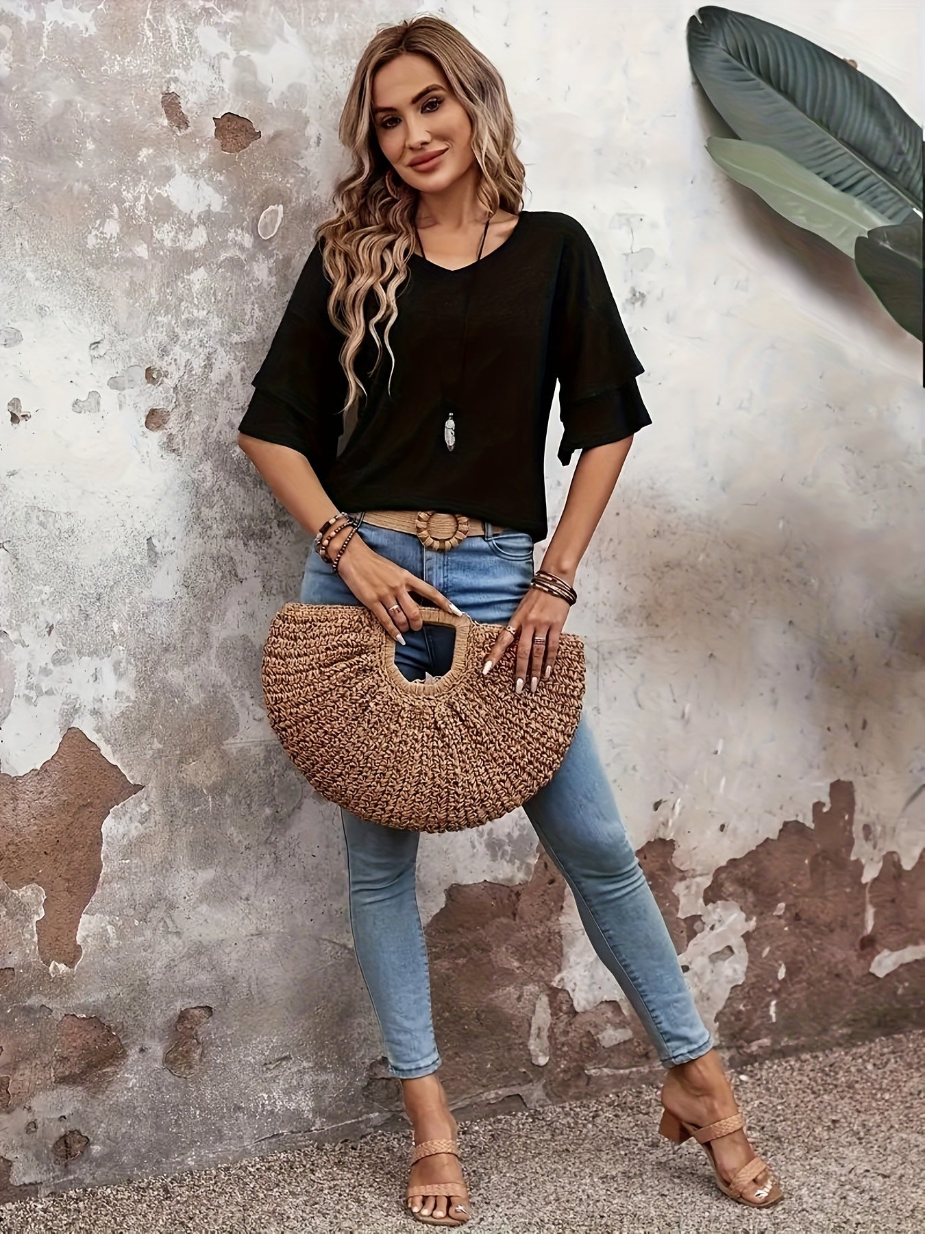 Vibrant Flare Sleeve V-Neck T-Shirt - Stylish Tiered Top with Relaxed Fit, Soft Solid Color Fabric, Perfect for Spring And Summer, Women's Casual Clothing