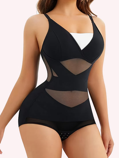 JUQDNX High-Waisted Body Shaping Bodysuit for Women - Sleek Black, Deep V Neck, Cross Support Back, Firm Tummy Control, Postpartum, Solid Color, Hand Washable, Removable Pads, Smoothing Silhouette, Confidence Boosting