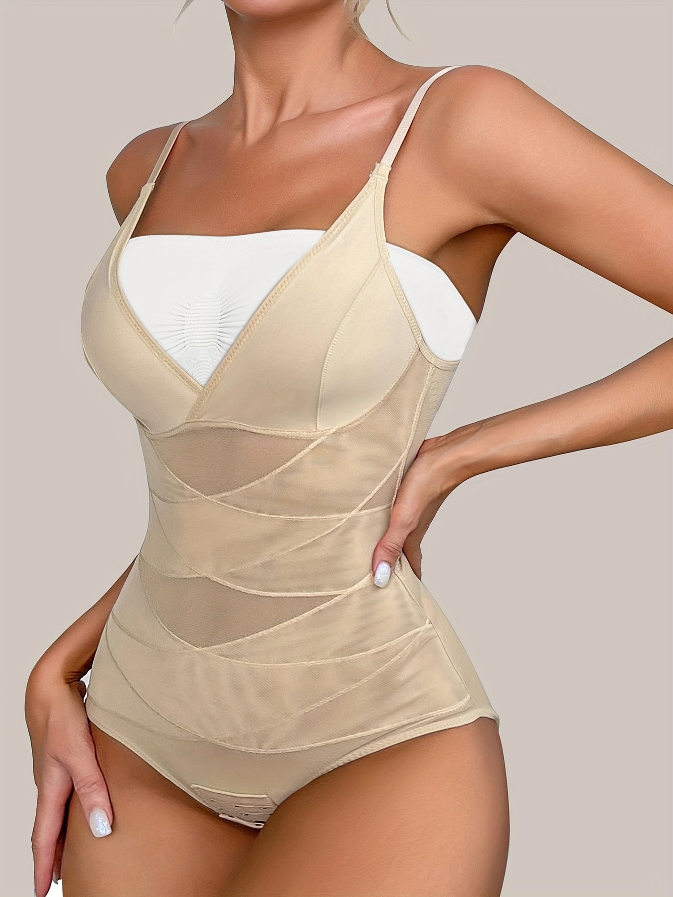 JUQDNX High-Waisted Body Shaping Bodysuit for Women - Sleek Black, Deep V Neck, Cross Support Back, Firm Tummy Control, Postpartum, Solid Color, Hand Washable, Removable Pads, Smoothing Silhouette, Confidence Boosting