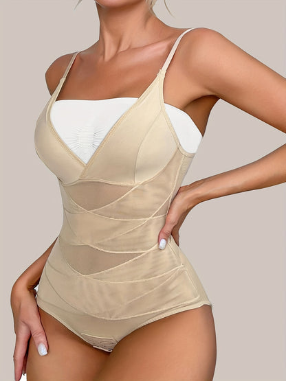 JUQDNX High-Waisted Body Shaping Bodysuit for Women - Sleek Black, Deep V Neck, Cross Support Back, Firm Tummy Control, Postpartum, Solid Color, Hand Washable, Removable Pads, Smoothing Silhouette, Confidence Boosting