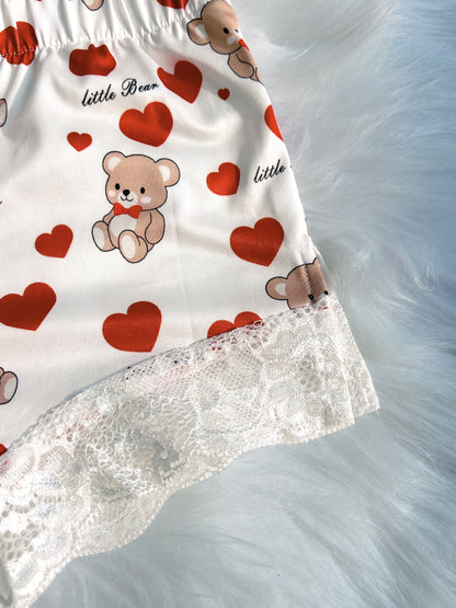 Contrast Color Lace Stitching Plaid Love Print V-neck Bilateral Side Open Backless Skin-friendly Soft Home Casual Pajamas Set
