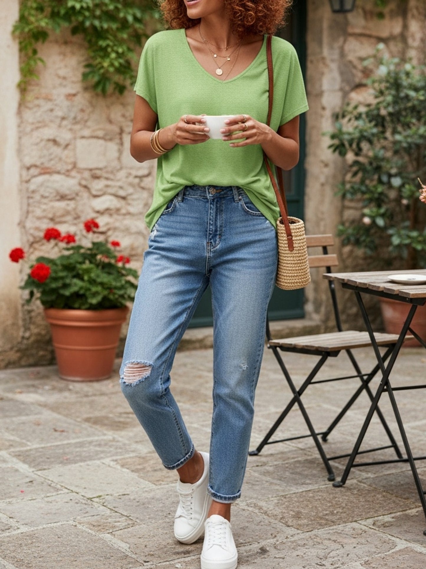 Ladies' Fashion V-Neck T-Shirt Solid Color Casual Loose Basic Top