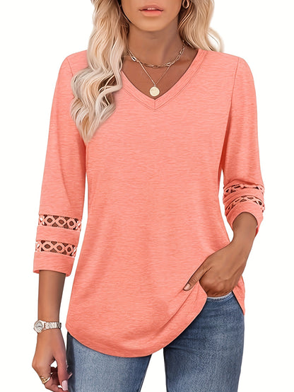 Casual Business Elegant Summer Clothing for Women Featuring a V-Neck T-Shirt with 3/4 Lace Sleeves in European And American Styles