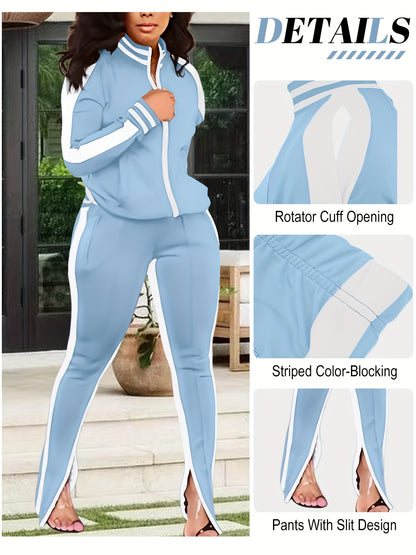 Women's 2pcs Athletic Tracksuit Set, Striped Contrast Shoulder Slit Top & Zipper Hem Sporty Pants, Activewear Lounge Set