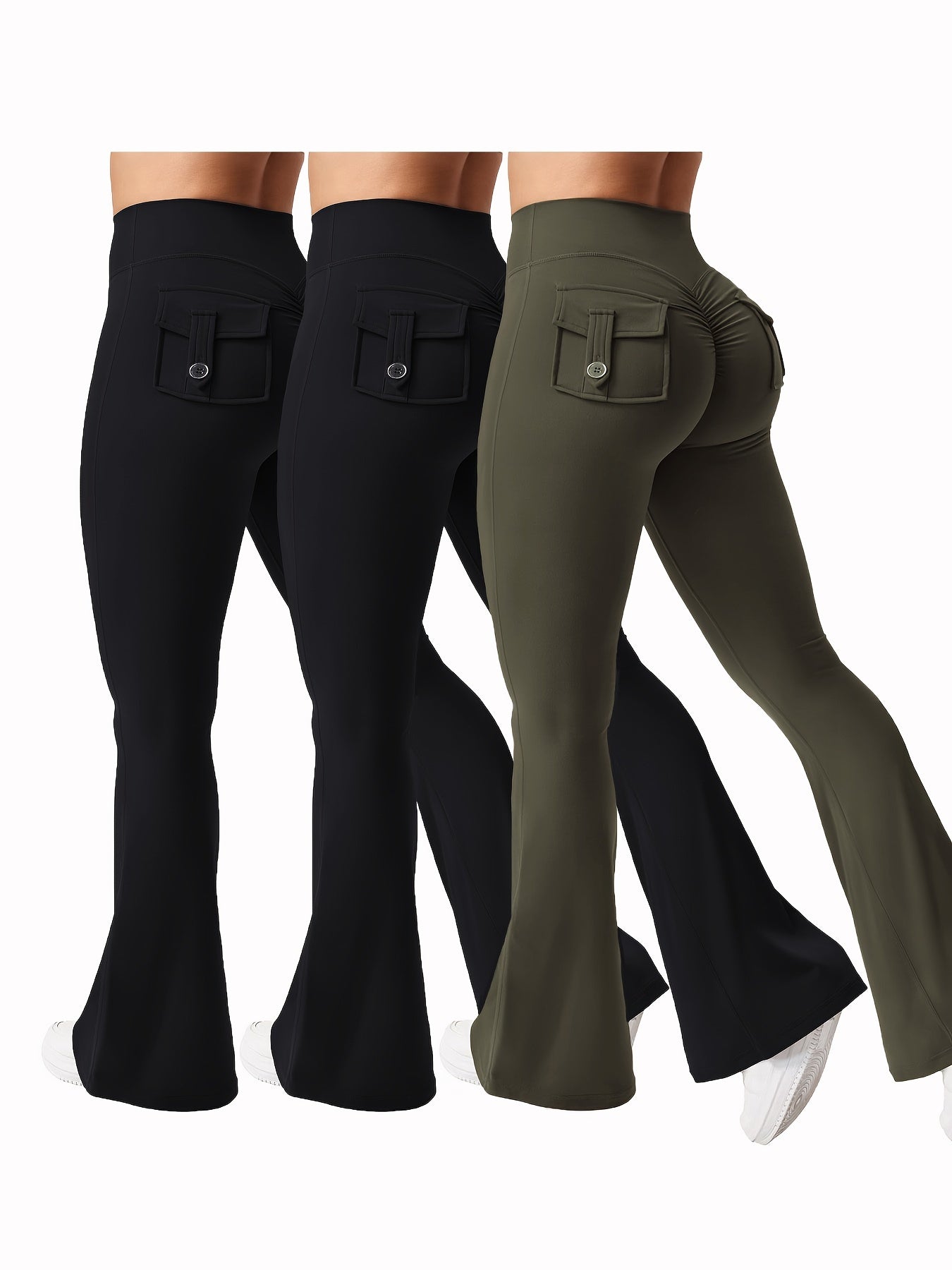 Christmas Apparel, Halloween 3pcs Set in Black, Gray, and Green: Fashionable Workwear-Style Flared Pants, Women's Casual Flared Pants, High-Waist Pocket Joggers, Workwear-Style Peach Butt Pants, Quick-Dry Sports Tummy Control Butt-Lifting Flared