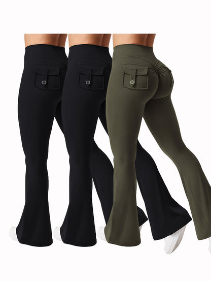 Christmas Apparel, Halloween 3pcs Set in Black, Gray, and Green: Fashionable Workwear-Style Flared Pants, Women's Casual Flared Pants, High-Waist Pocket Joggers, Workwear-Style Peach Butt Pants, Quick-Dry Sports Tummy Control Butt-Lifting Flared