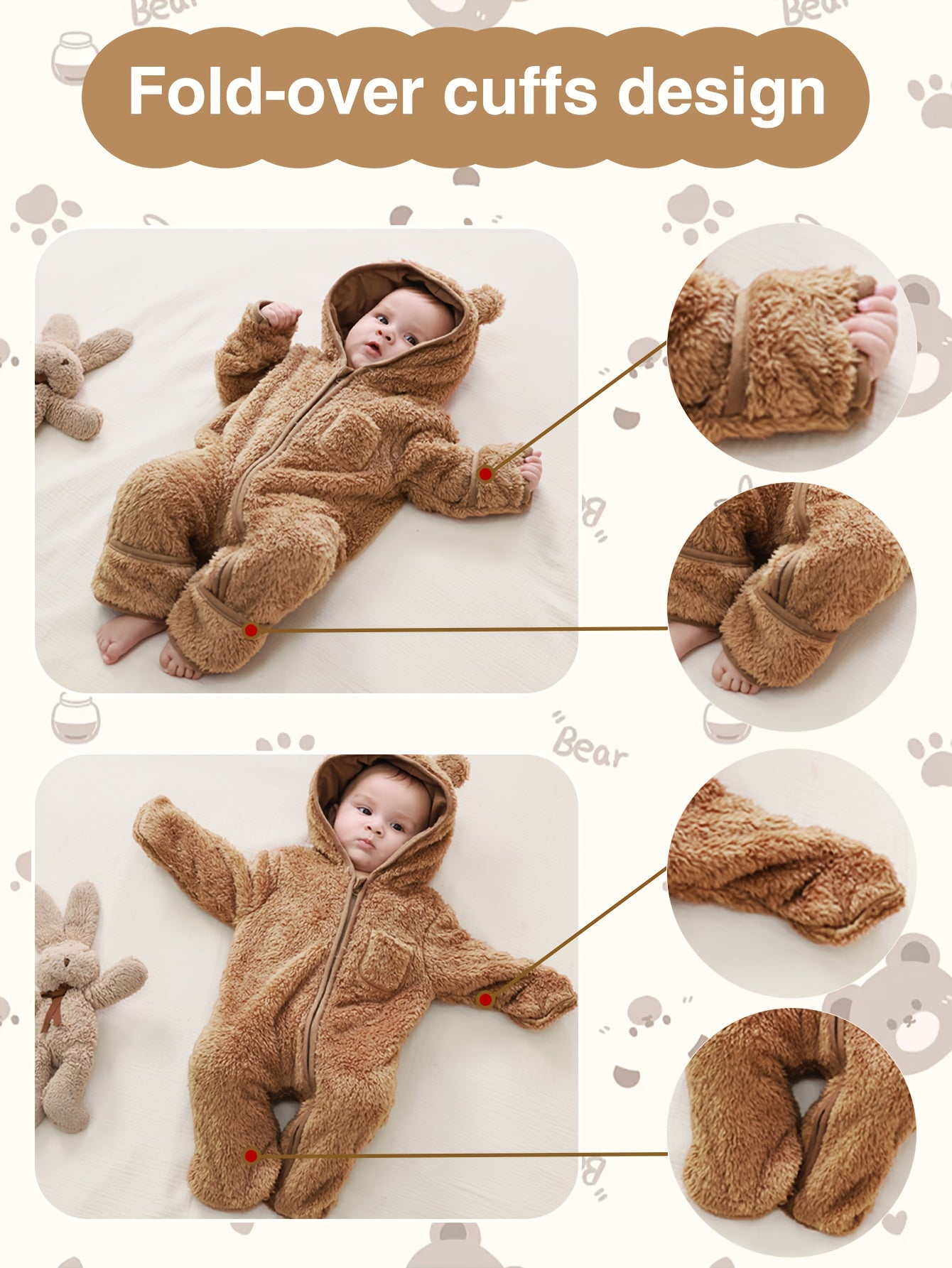 Newborn Baby Outfit Suit Bear Onesie Fold-Over Mittens Footies Girls Boys Winter Fleece Clothes Hooded Jumpsuit Romper