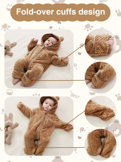Newborn Baby Outfit Suit Bear Onesie Fold-Over Mittens Footies Girls Boys Winter Fleece Clothes Hooded Jumpsuit Romper