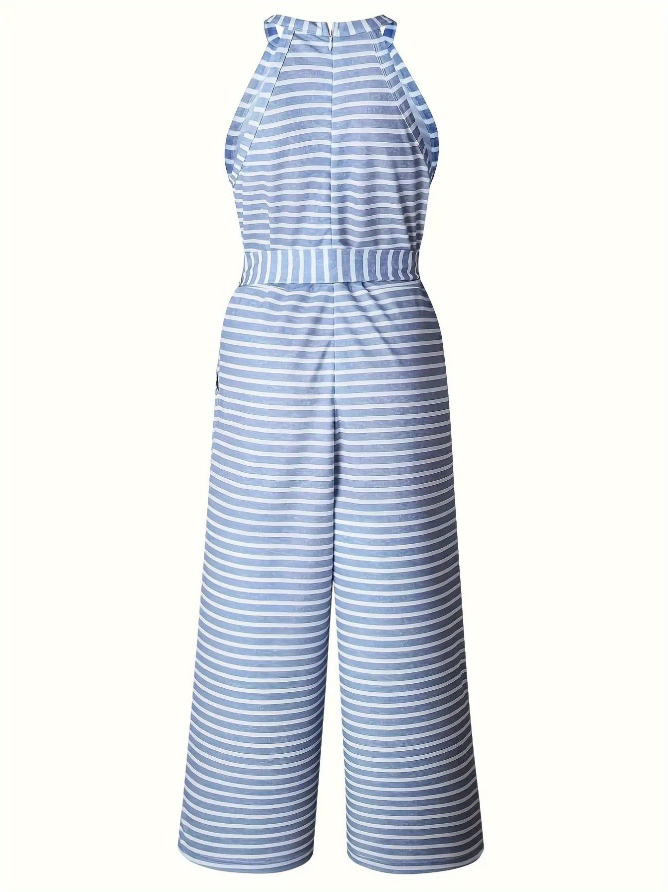 Women's Sleeveless Tank Top Jumpsuit with Decorative Bow Belt - High-Waisted Wide-Leg Pants, Black & White Vertical Stripes, Loose Fit Machine Washable Summer Outfit for Casual Outings & Beach Vacations, Ladies Tank Tops, Warm Weather Clothing, Breathable
