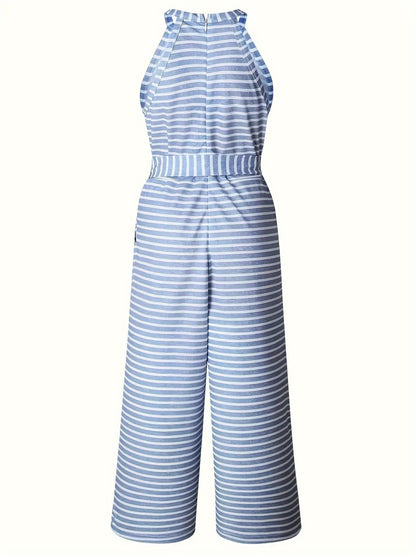 Women's Sleeveless Tank Top Jumpsuit with Decorative Bow Belt - High-Waisted Wide-Leg Pants, Black & White Vertical Stripes, Loose Fit Machine Washable Summer Outfit for Casual Outings & Beach Vacations, Ladies Tank Tops, Warm Weather Clothing, Breathable