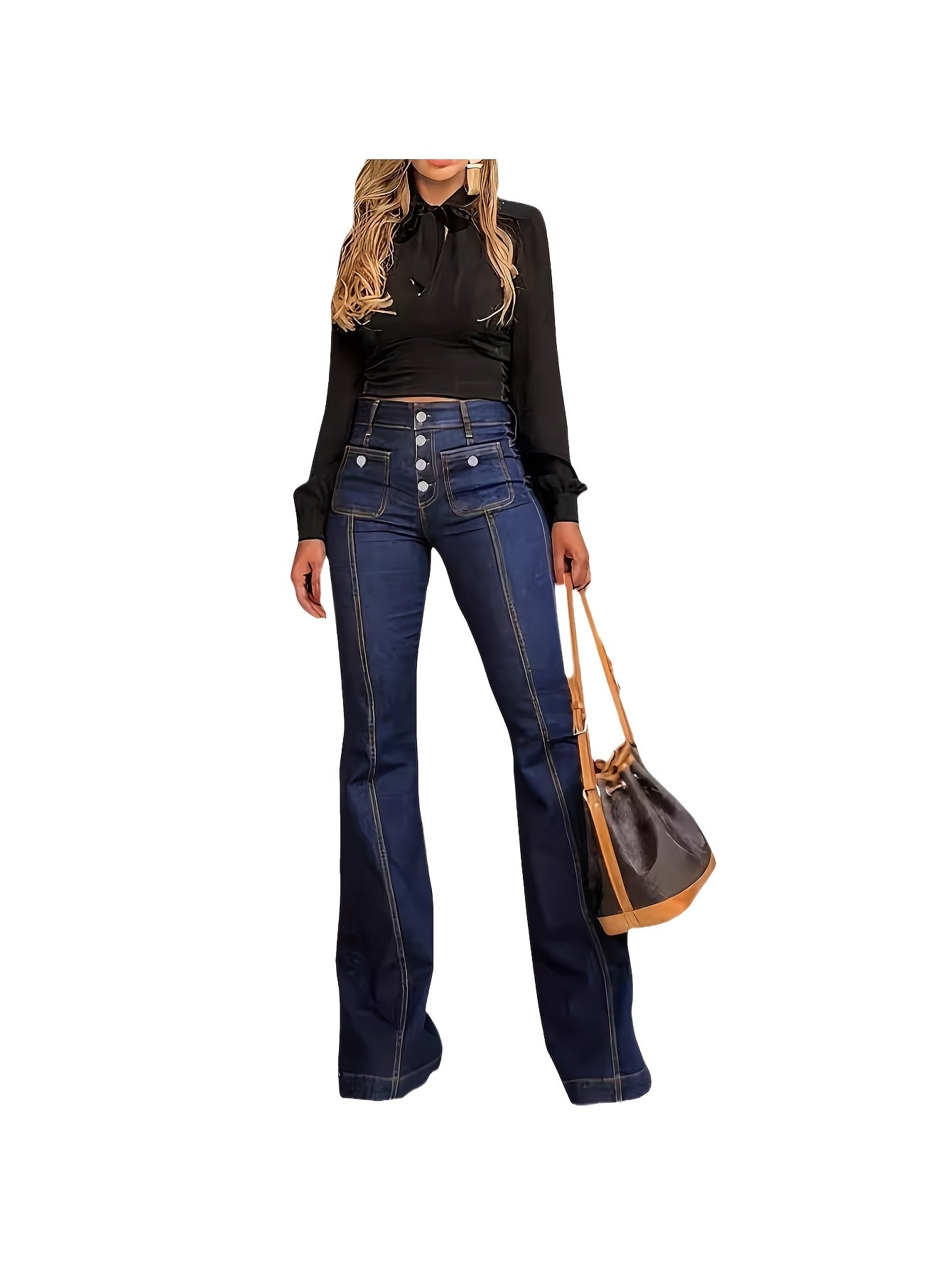 1 Pair Women's High Waist Retro Stretch Flared Jeans with Pockets, Vintage Bell Bottom Denim Trousers, S-XXL
