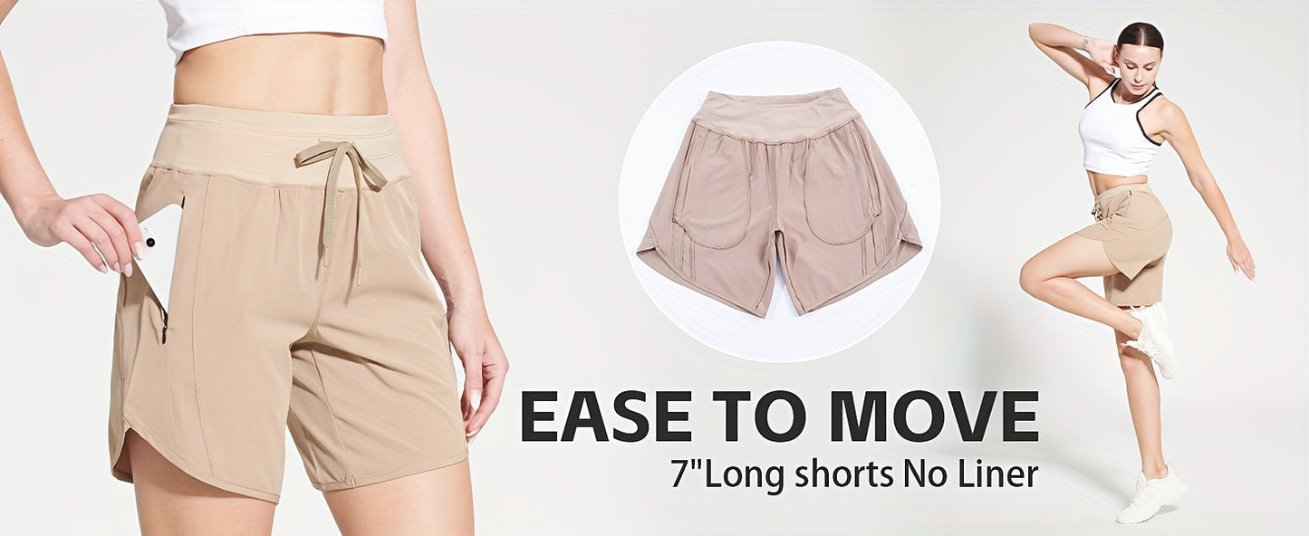 7" Shorts for Women High Waist Quick Dry Shorts with 3 Zipper Pockets Lounge Casual