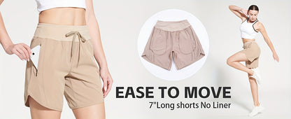 7" Shorts for Women High Waist Quick Dry Shorts with 3 Zipper Pockets Lounge Casual
