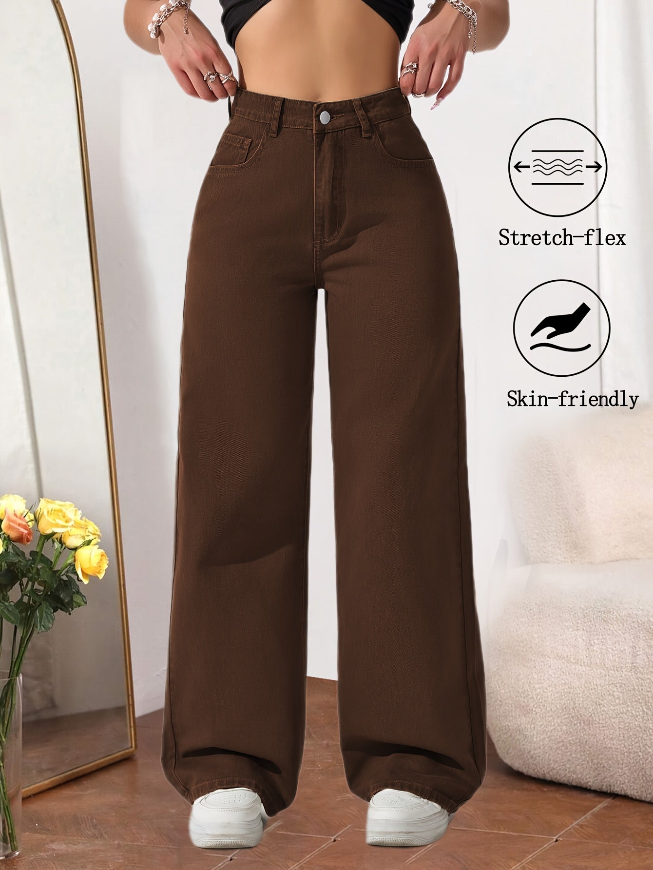 Women High Waisted Straight Leg Pants Stretch Fabric Casual Loose Fit Solid Color Full Length Trousers Soft Comfortable Elastic Waist Street Style Casual Attire Versatile Modern Fashion Pants for Women Office Travel Daily Outfit