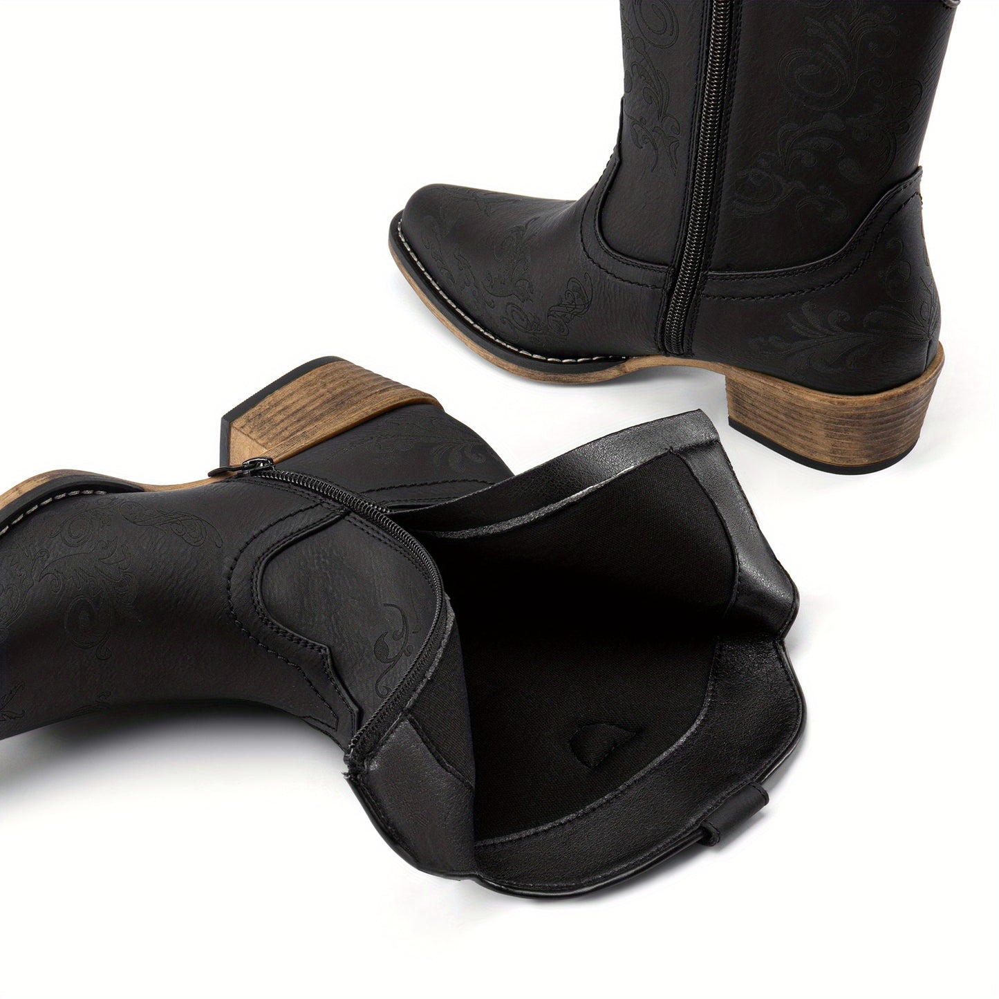 Women's Western Cowgirl Boots - Low Chunky Heel Square Toe Ankle Booties with French Heel & TPR Sole, Retro Round/for - Cowboy Boots for Ranch, Festival, Casual Wear (Zipper Closure), Women Shoes
