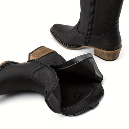 Women's Western Cowgirl Boots - Low Chunky Heel Square Toe Ankle Booties with French Heel & TPR Sole, Retro Round/for - Cowboy Boots for Ranch, Festival, Casual Wear (Zipper Closure), Women Shoes