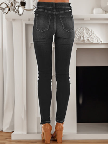 Women's Mid-Rise Butt-Lifting Skinny Jeans - 2025 Summer Color Block Stitching, European & American High Street Fashion, Stretch Denim with Pockets, All-Season Figure-Flattering Jeans for Everyday & Night Out, Comfortable Fashion | Medium Elasticity