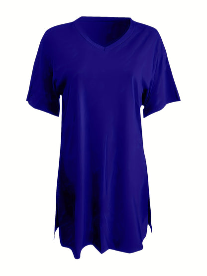 Two-Piece Outfit for Plus-Size Women Featuring a Casual V-Neck Short-Sleeve Top with Side Slits And Drawstring Leggings, Made from Comfortable, Ideal for Everyday Wear