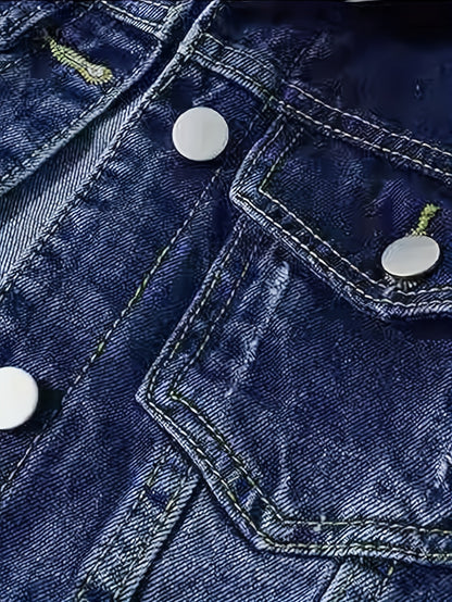 Ladies' Short Denim Jacket with a Slim Fit, Featuring 3/4 Sleeves And a Distressed Look