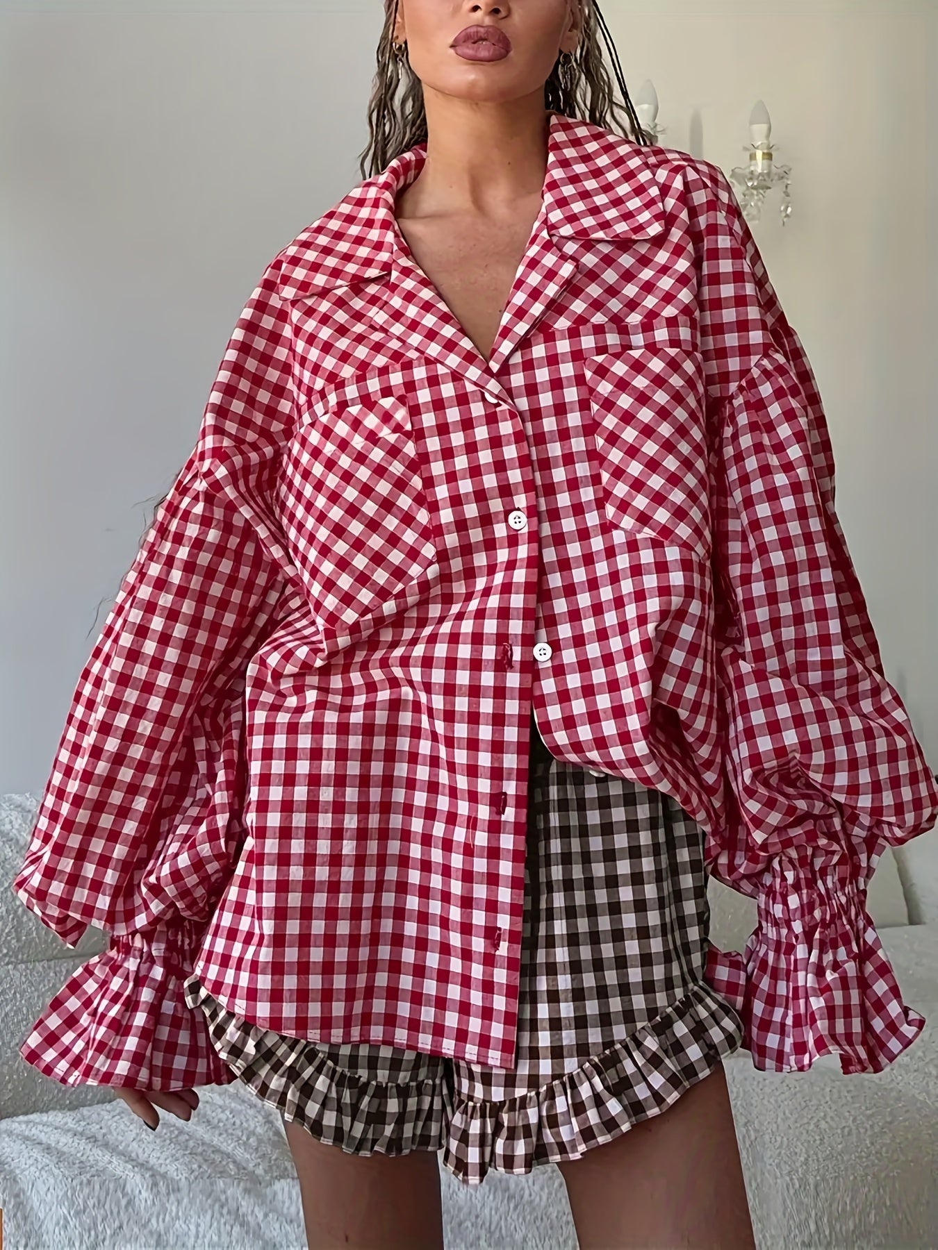 Plus Size - Plus Size - Oversized Red And White Gingham Shirt: Flared Puff Sleeves, Point Collar, Button-Front. Ideal for Casual Layering And Retro Chic Looks