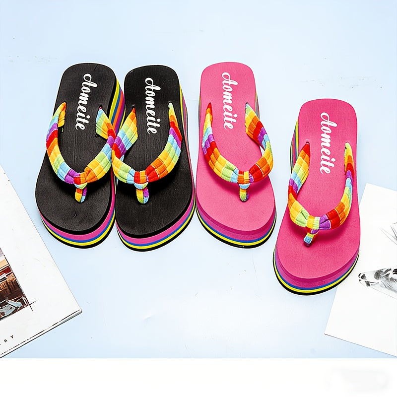 Women'S Summer Beach Flip Flops - Comfort Thick Sole Casual Sandals, Black And Pink Rainbow Stripe, Soft TPU Material, All-Season Wear, Women Shoes